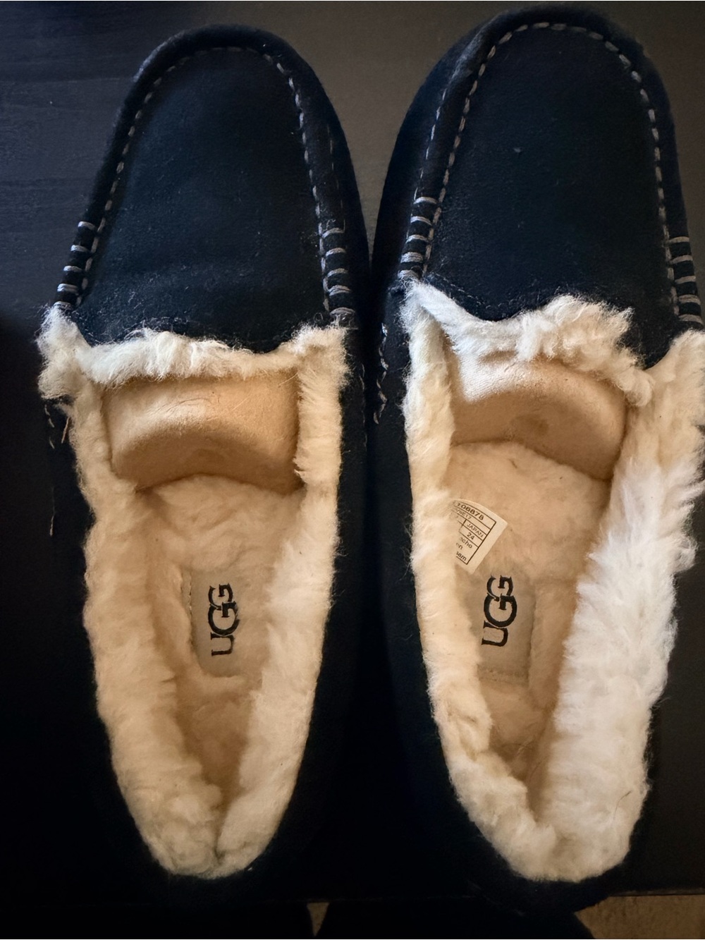 UGG Women's Black Suede Moccasin Slippers with Cream Shearling